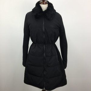 Theory Black Puffer with Rabbit Fur Collar and Leather Trim